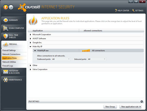 Avast Application Rules, Allow All