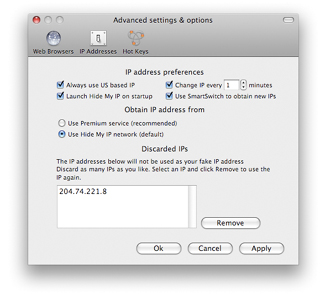 Advanced Settings window for Hide My IP for OS X