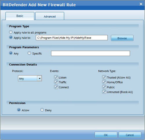 Bit Defender, Firewall, Programs, Add Rule for HideMyIP.exe and HideMyIpSrv.exe