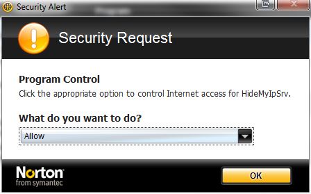 Norton Internet Security, adding HideMyIPSrv.exe