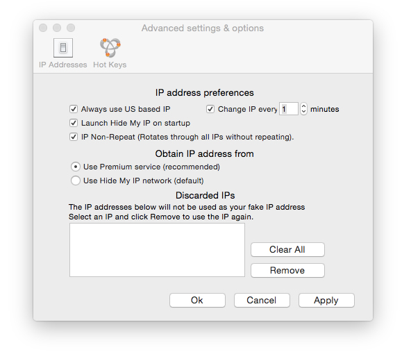 Hide My IP settings window for Mac