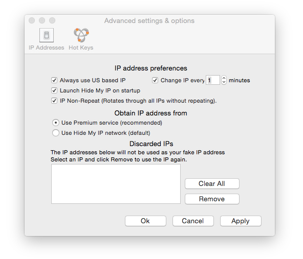 Hide My IP settings window for Mac